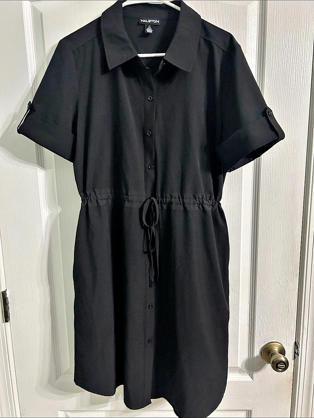 Halston Short Sleeve Button-Front Shirt Dress with Drawstring Waist Black Large